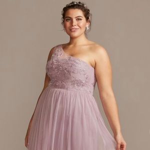 One-shoulder embroidered soft net bridesmaid dress